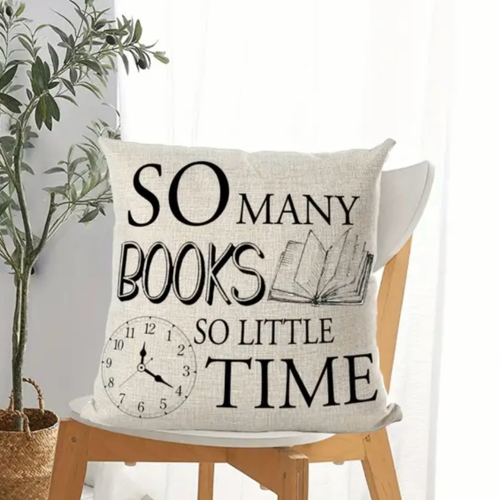 “So Many Books, So Little Time” 18x18 Throw Pillow Cover – Book Lover Home Decor - Picture 2 of 5